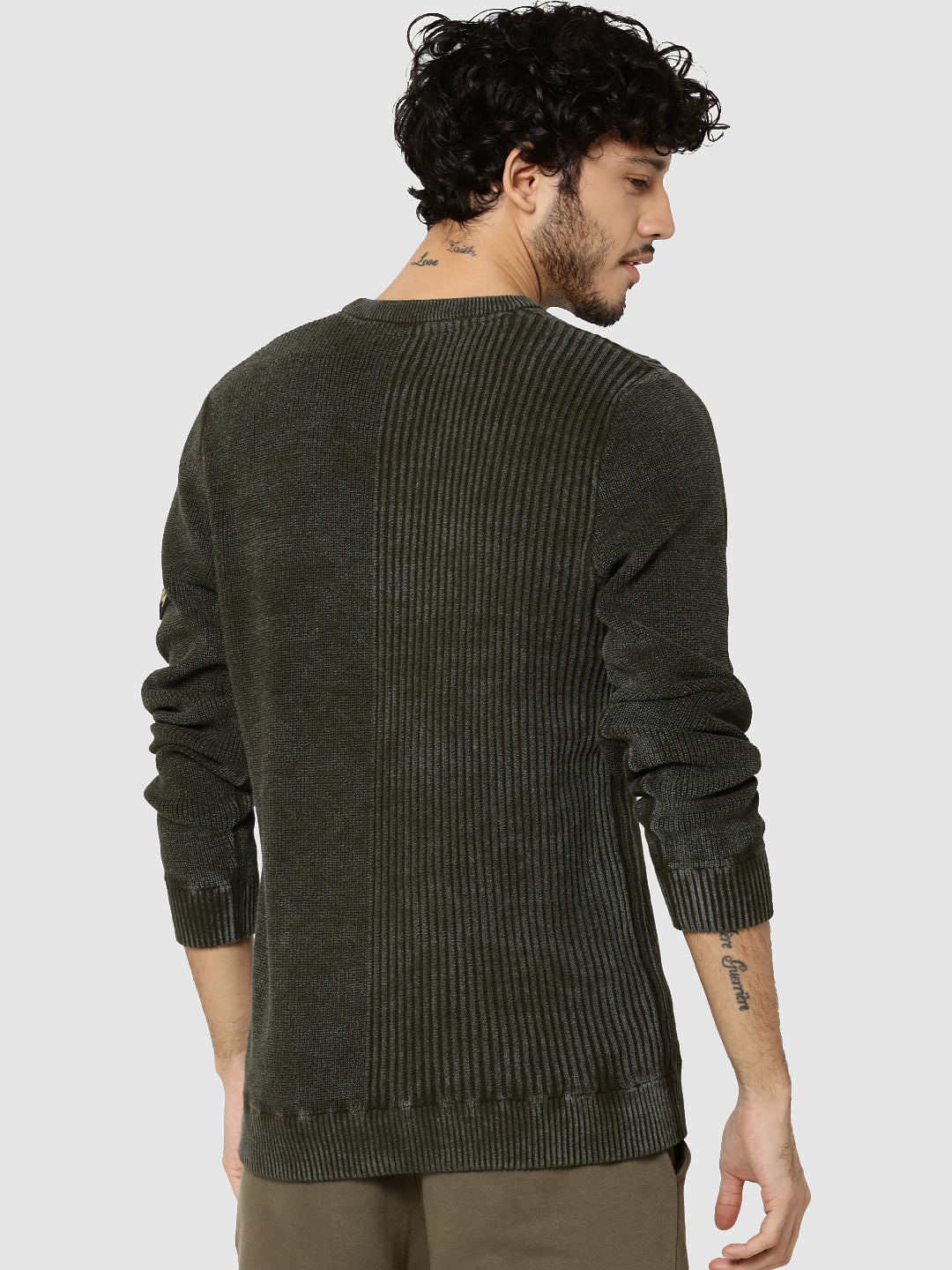 Olive Green Ribbed Badge Detail Sweater