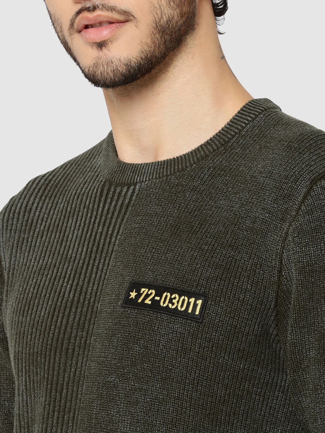 Olive Green Ribbed Badge Detail Sweater