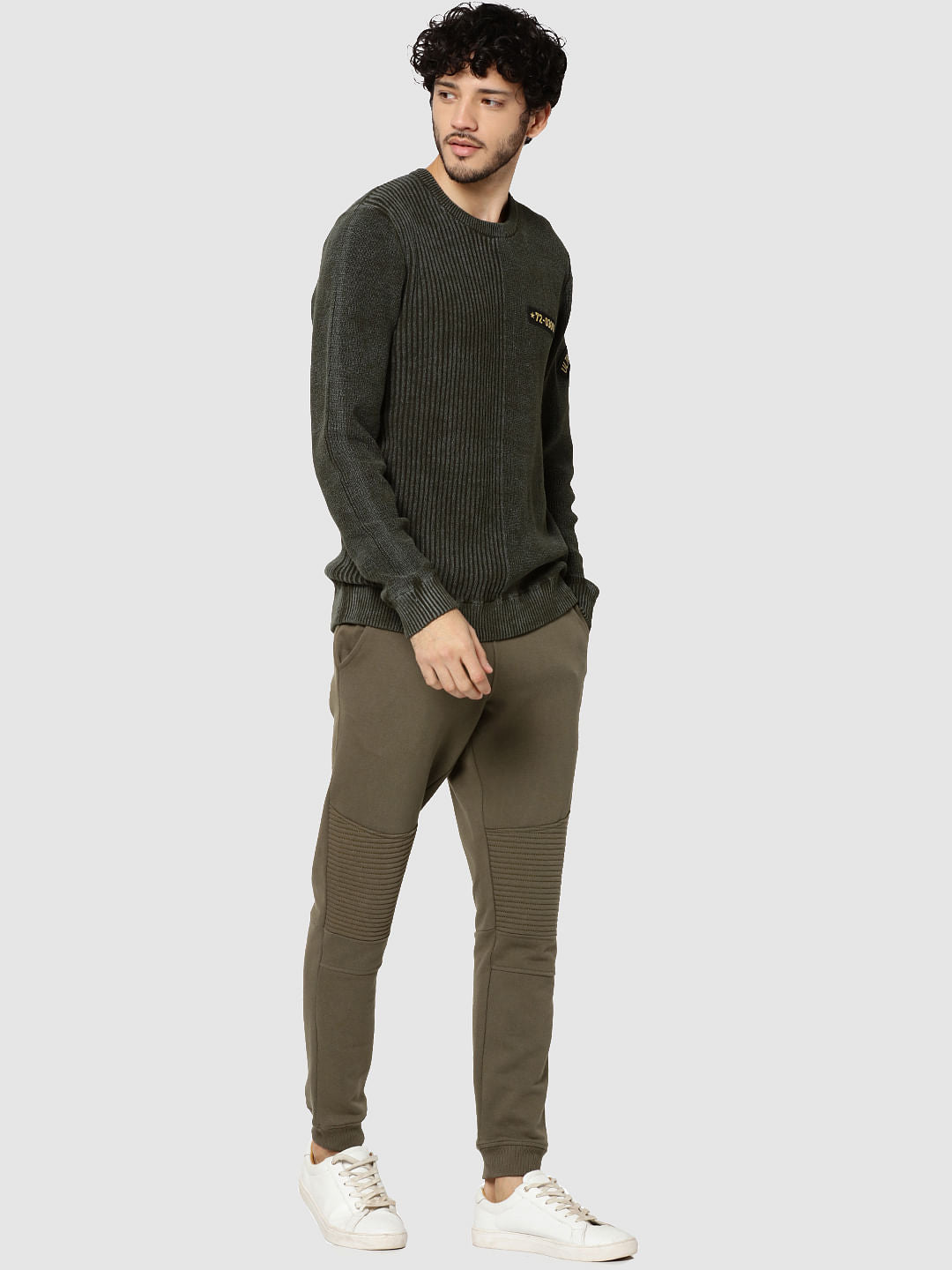 Olive Green Ribbed Badge Detail Sweater