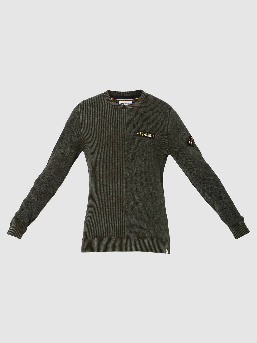 Olive Green Ribbed Badge Detail Sweater