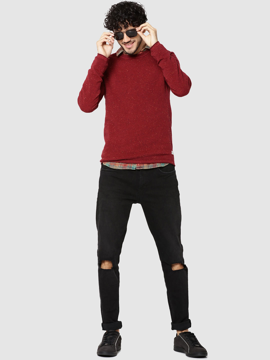 Red Textured Crew Neck Sweater