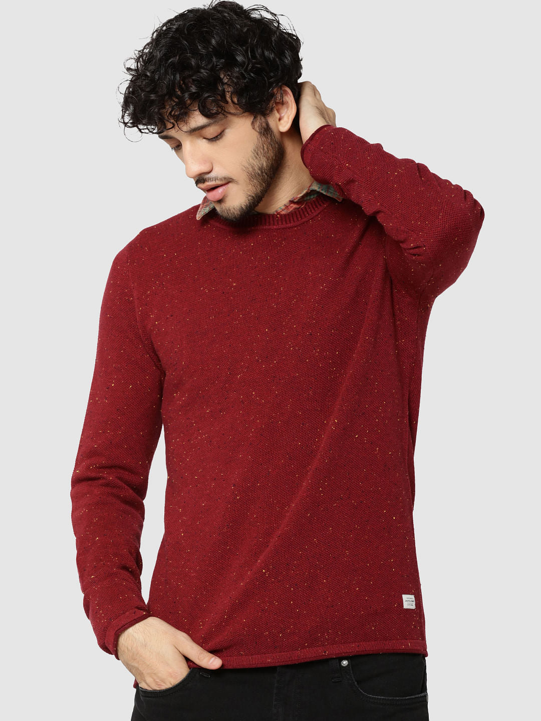 Red Textured Crew Neck Sweater - S