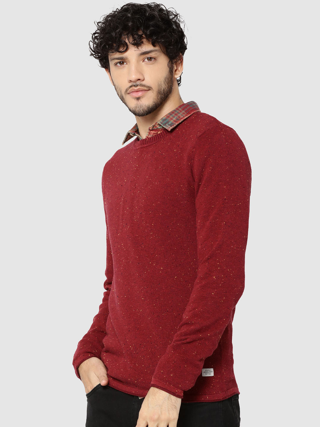 Red Textured Crew Neck Sweater