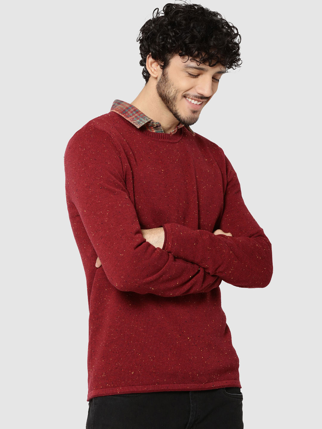 Red Textured Crew Neck Sweater