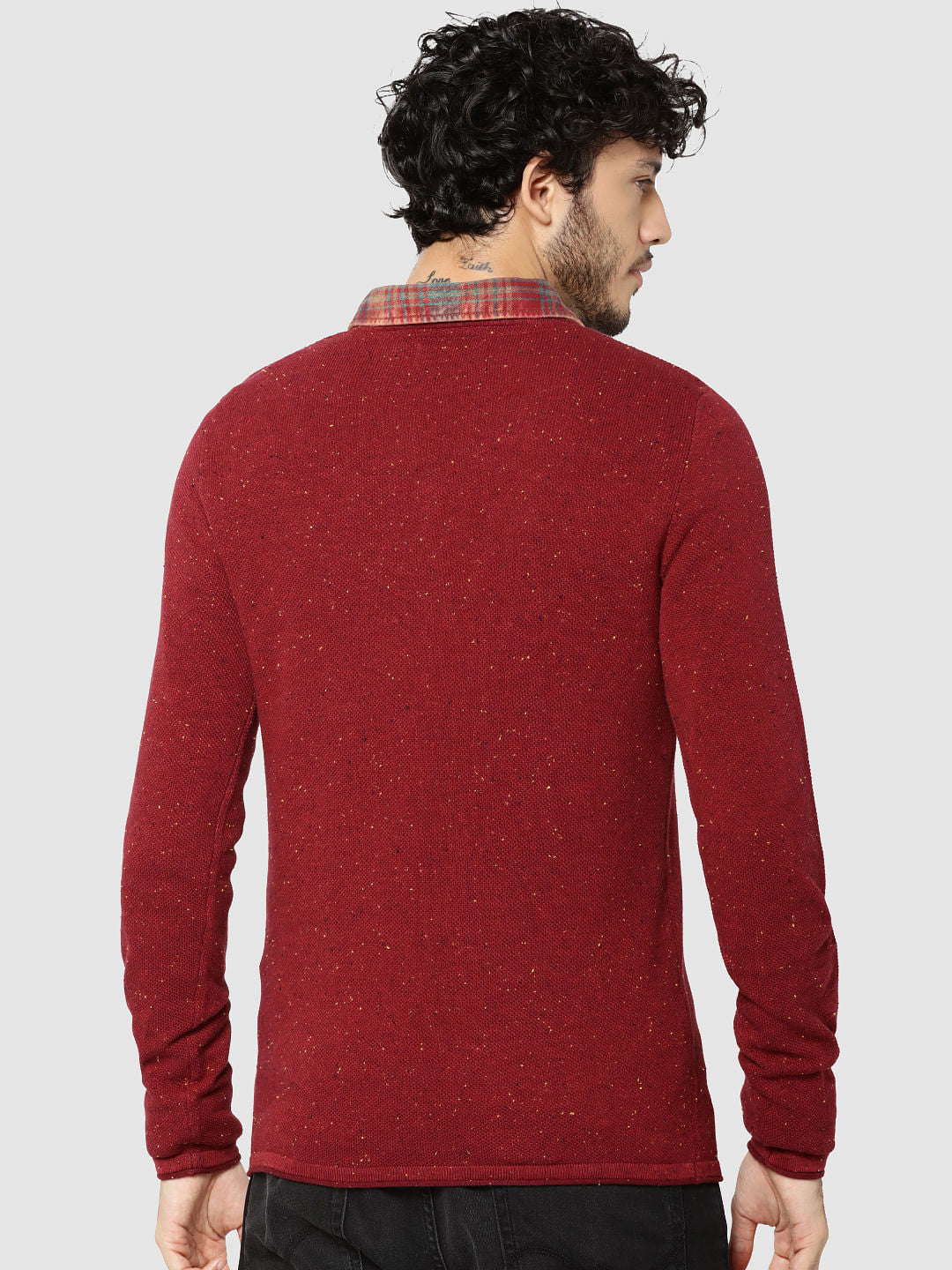 Red Textured Crew Neck Sweater