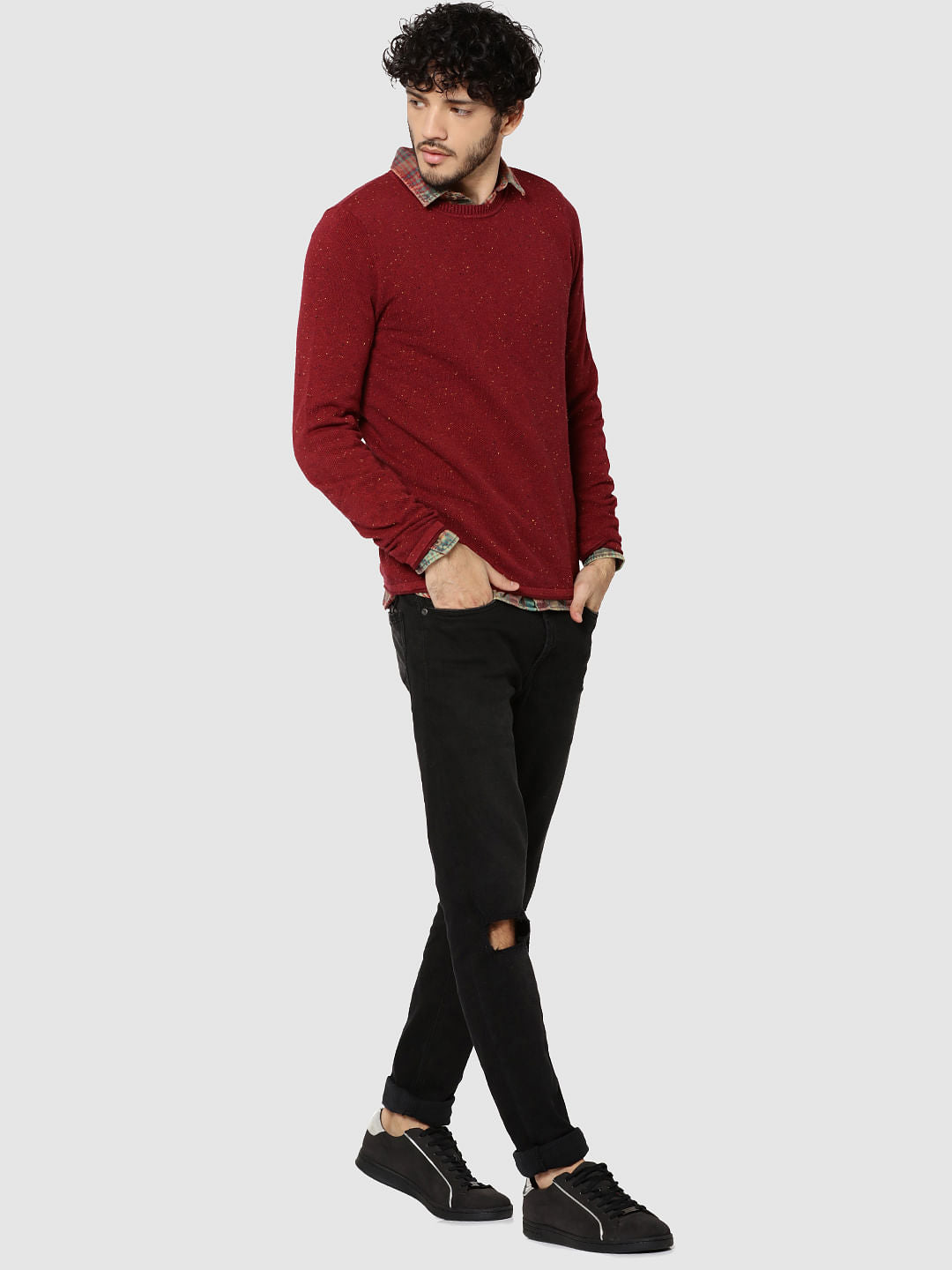Red Textured Crew Neck Sweater
