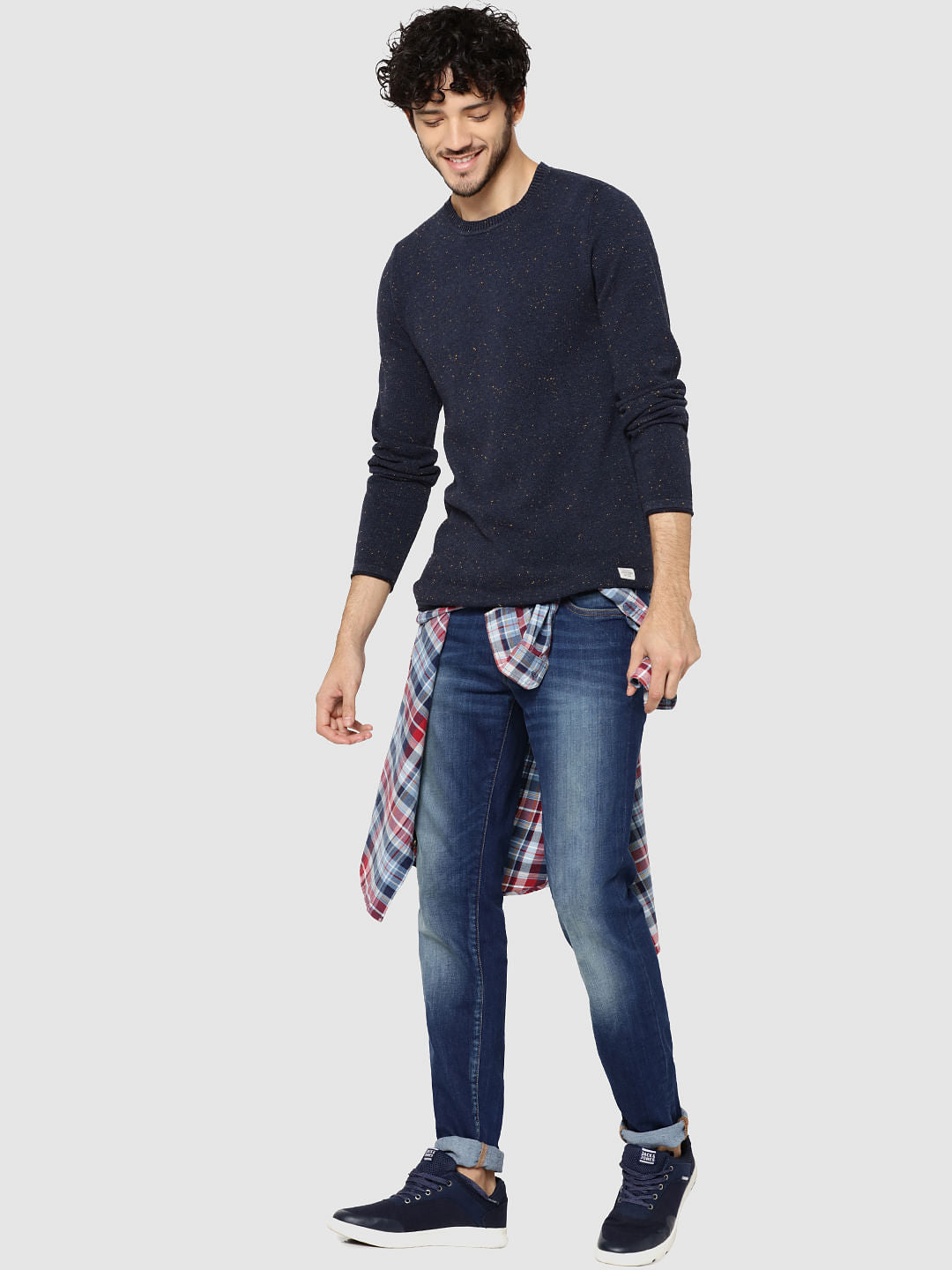 Dark Blue Textured Crew Neck Sweater