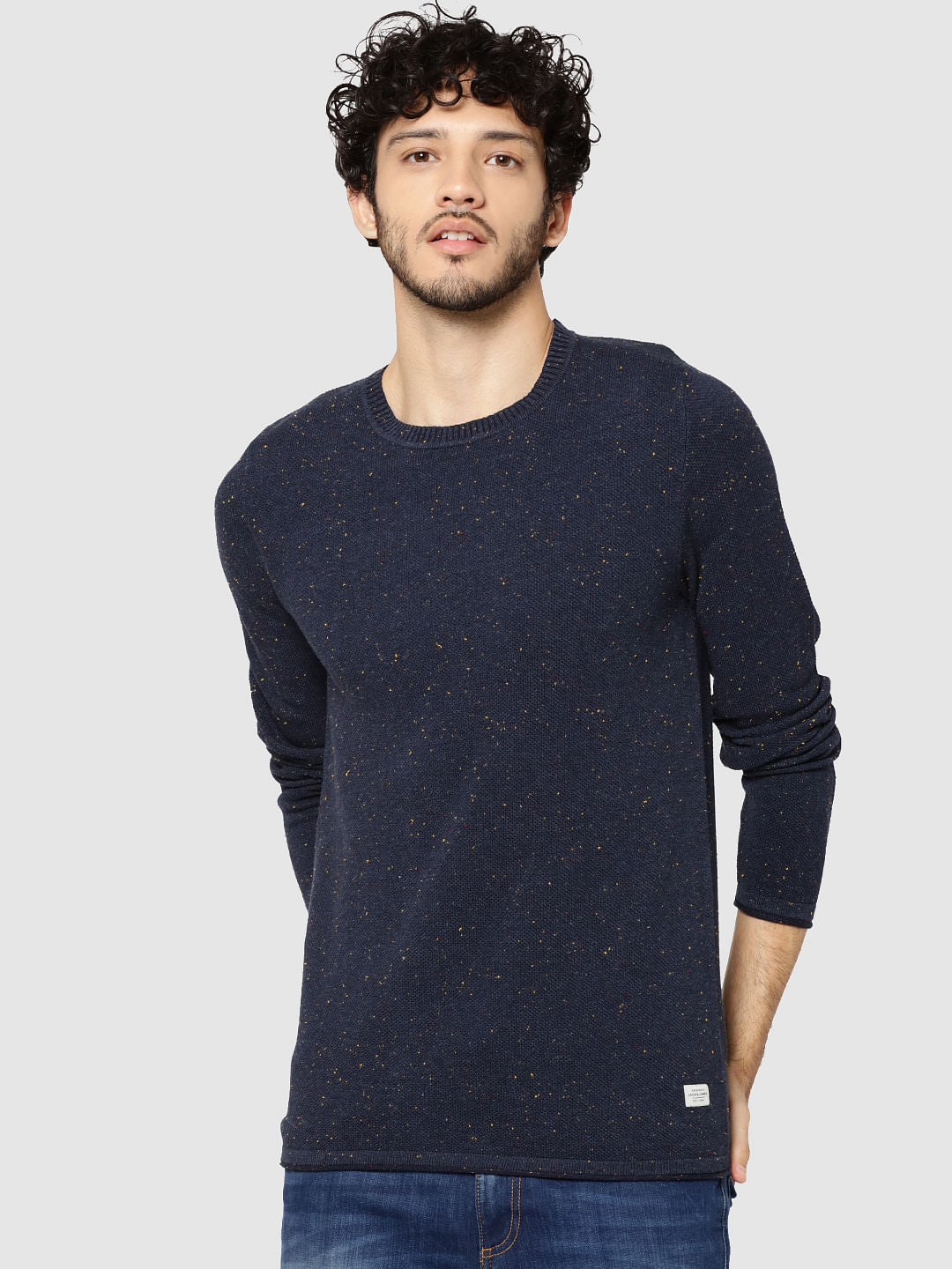 Dark Blue Textured Crew Neck Sweater - S
