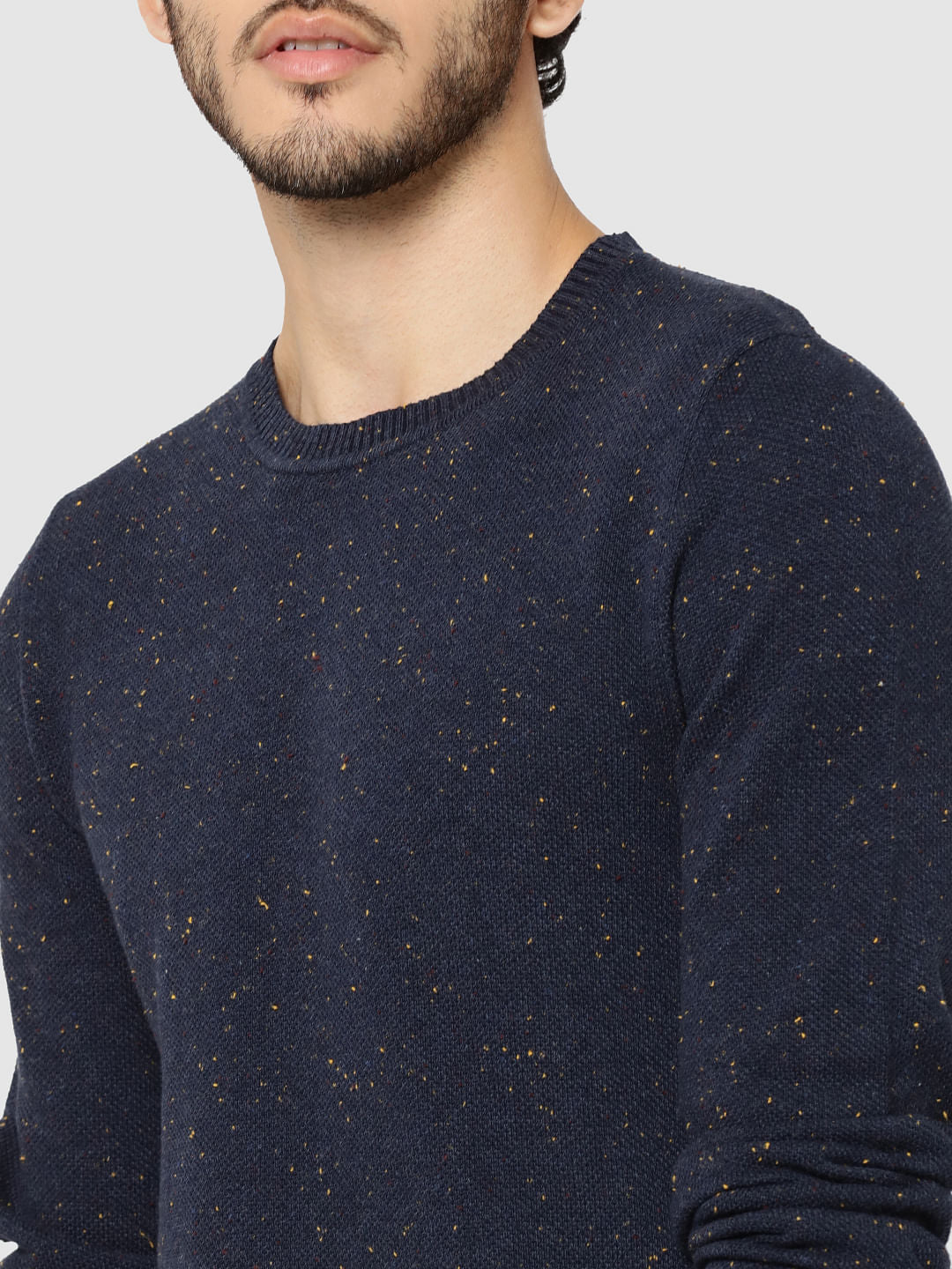 Dark Blue Textured Crew Neck Sweater