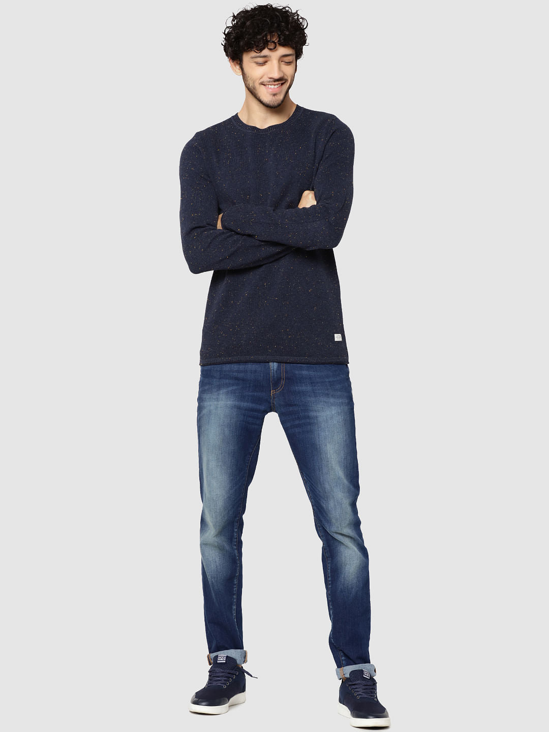 Dark Blue Textured Crew Neck Sweater