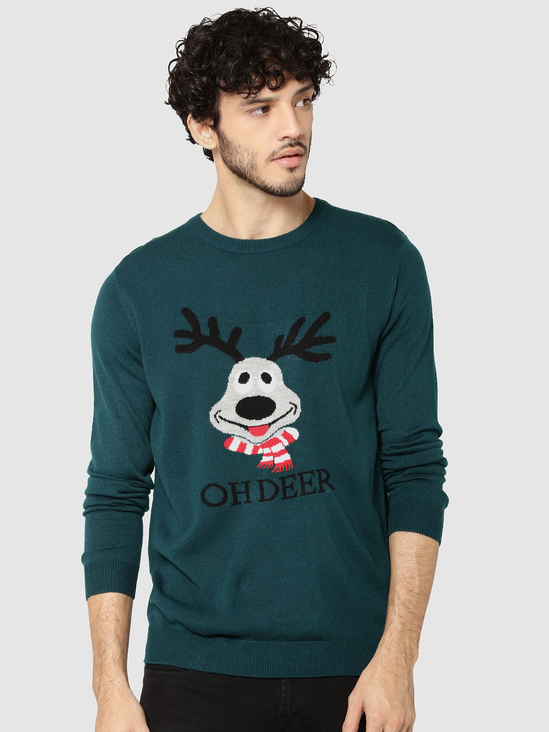Green Deer Print Sweater - S