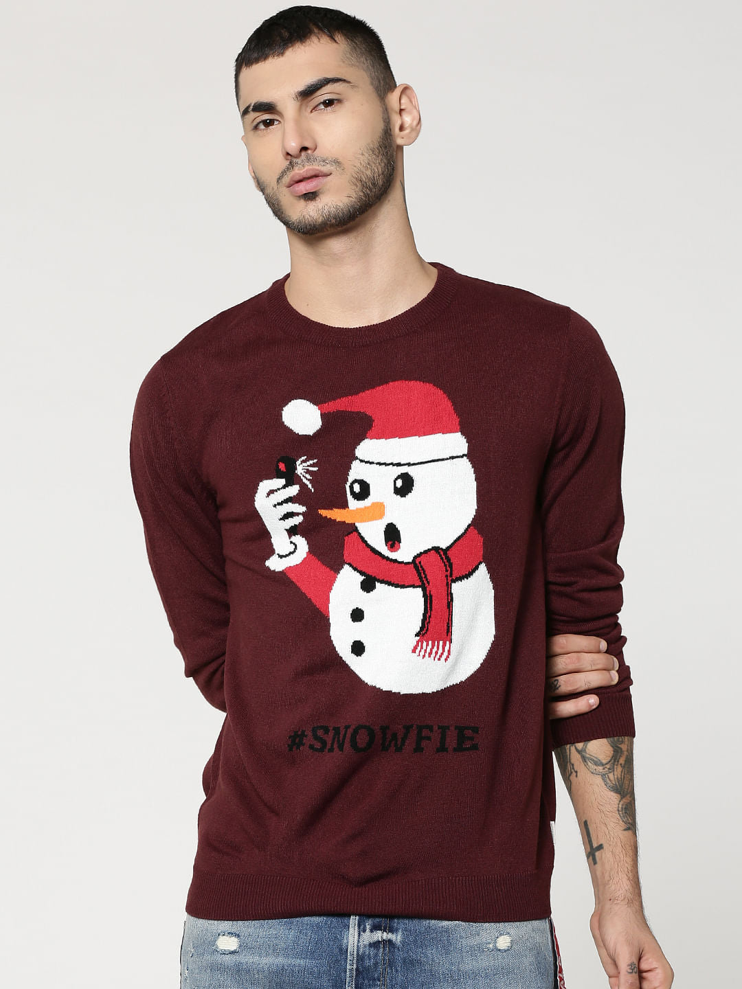 Burgundy Snowman Print Sweater - S