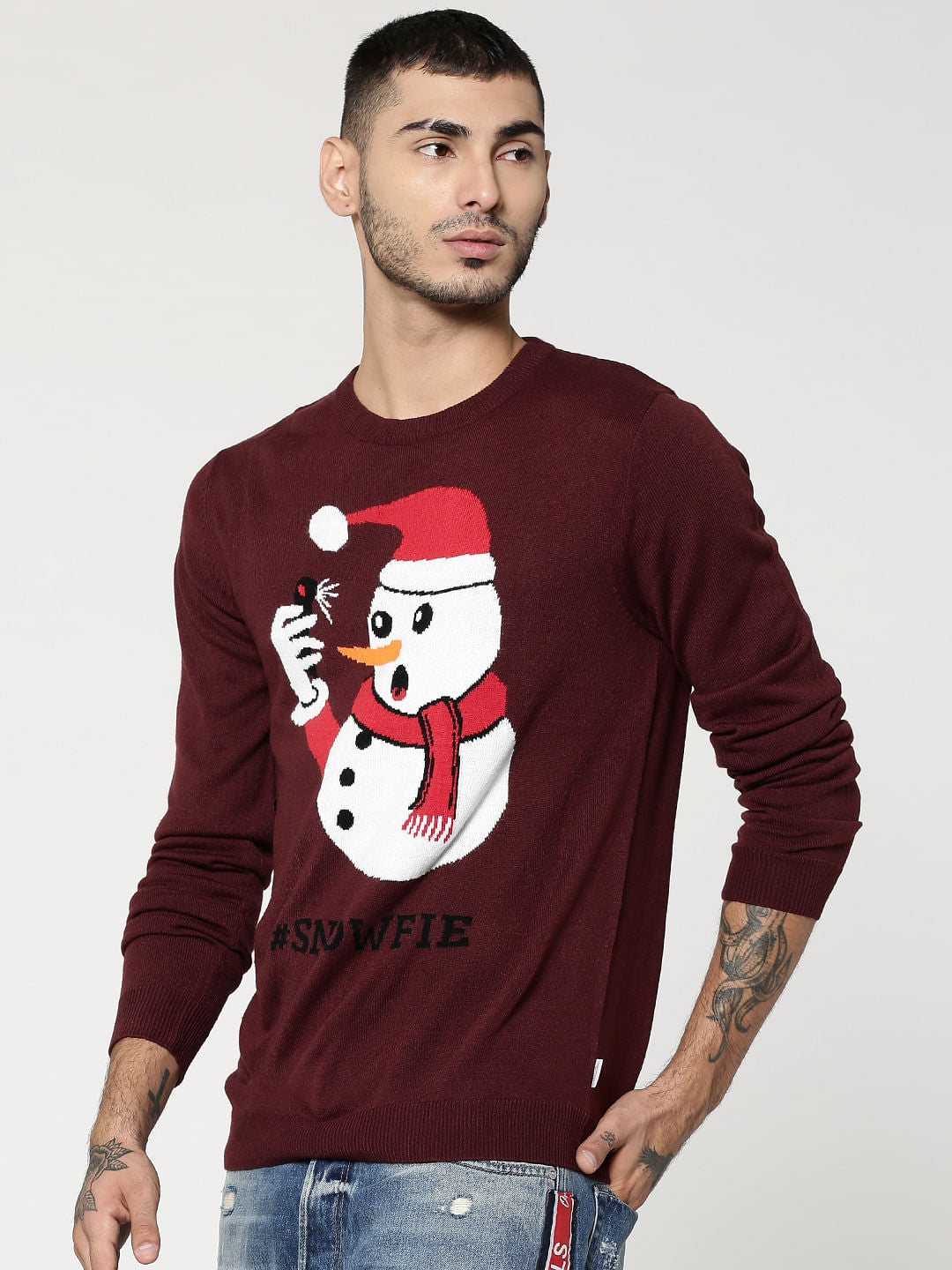 Burgundy Snowman Print Sweater