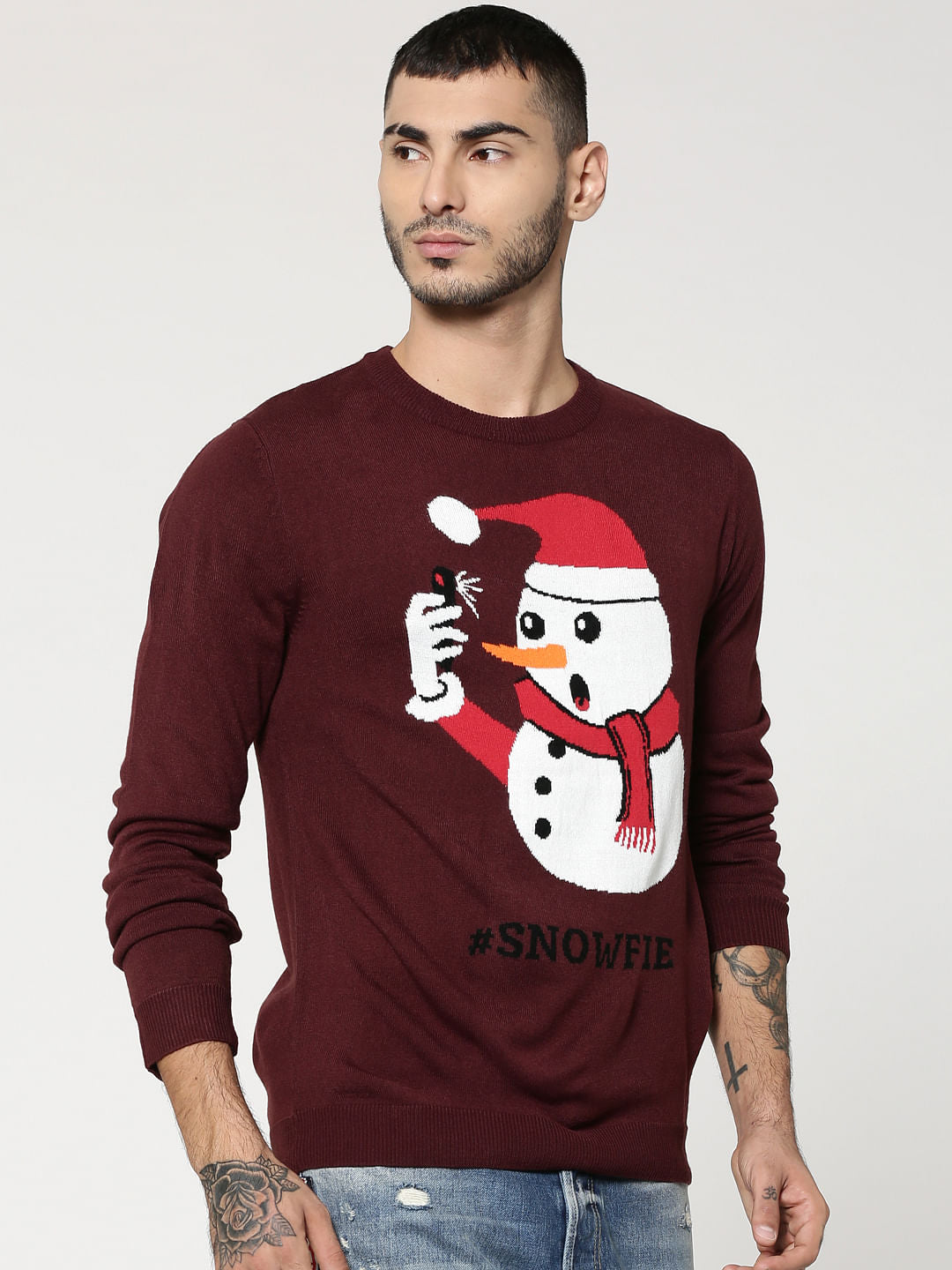 Burgundy Snowman Print Sweater