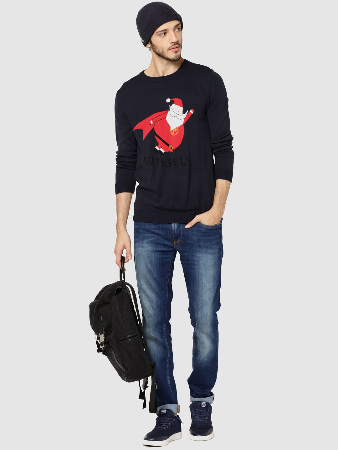 Dark Blue Santa Print Sweater