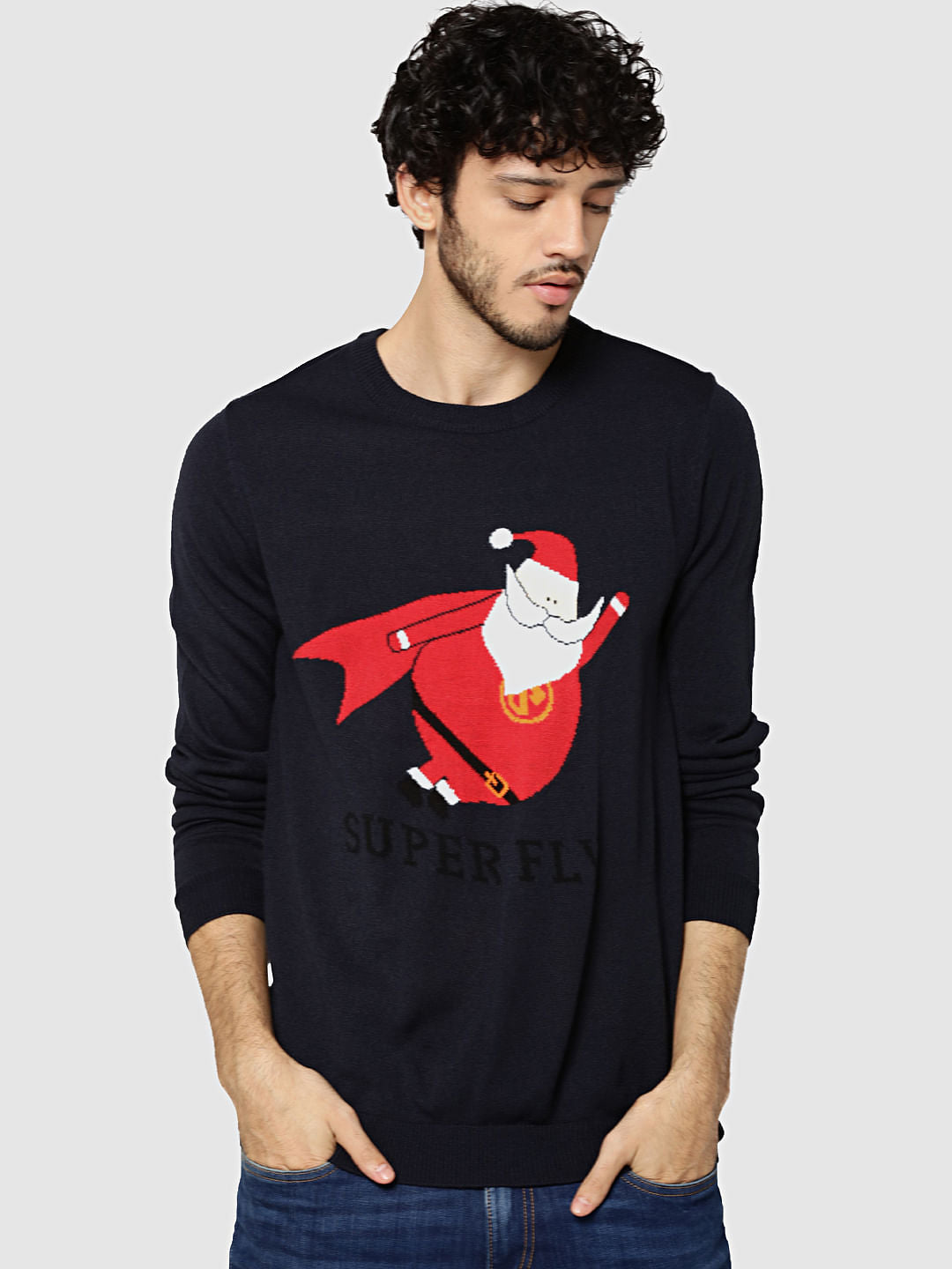 Dark Blue Santa Print Sweater - S