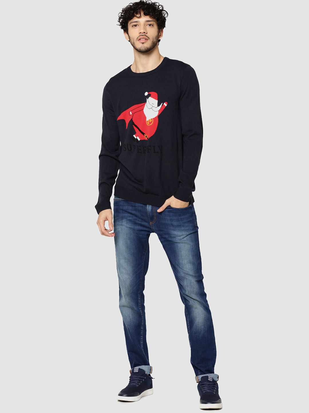 Dark Blue Santa Print Sweater