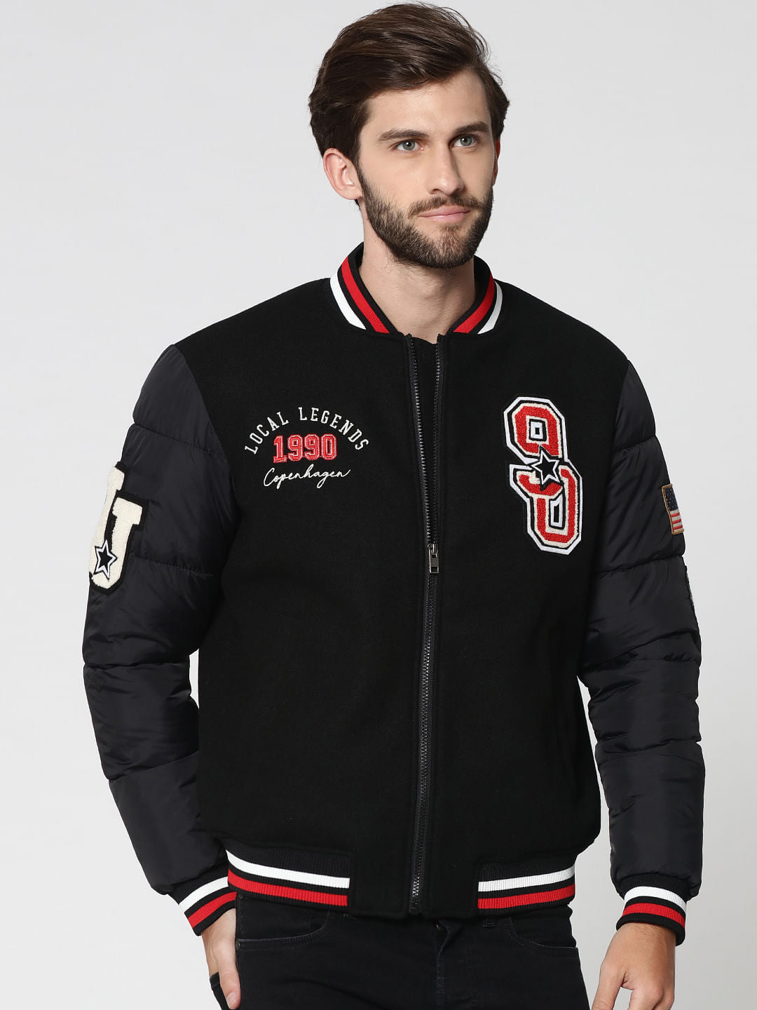 Black Graphic Print Bomber Jacket