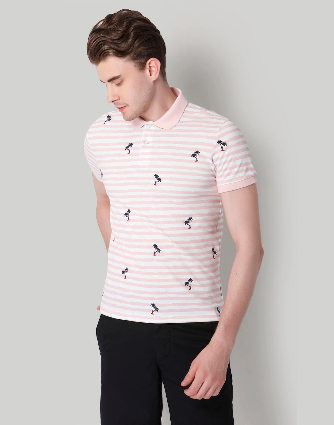 Pink Striped Palm Print Polo T-Shirt - S