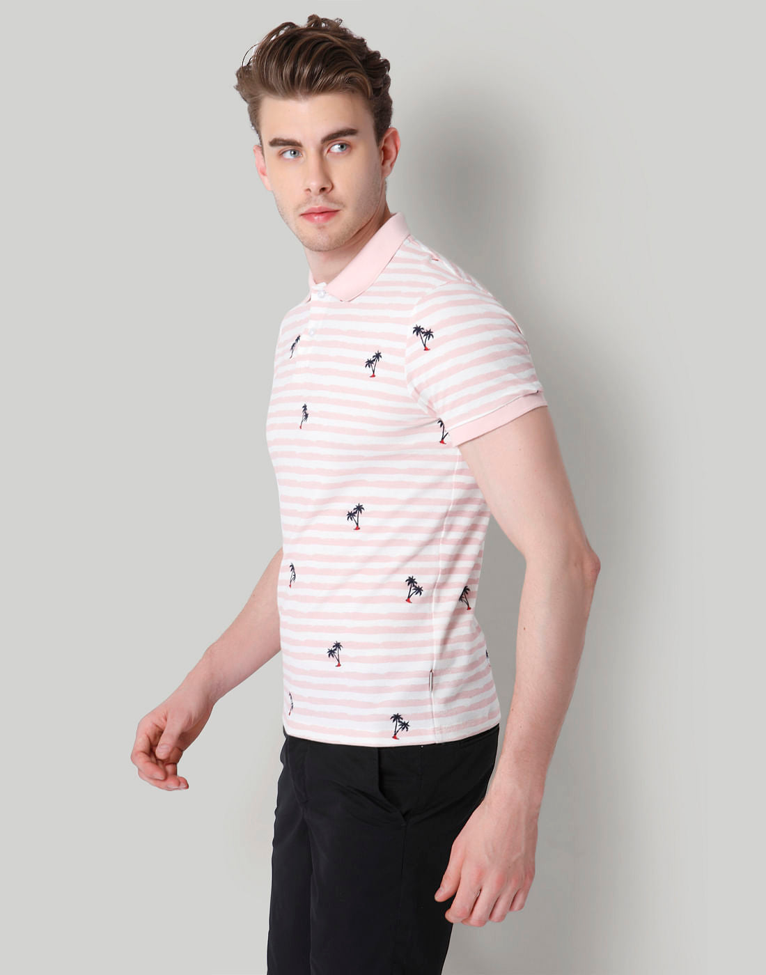 Pink Striped Palm Print Polo T-Shirt