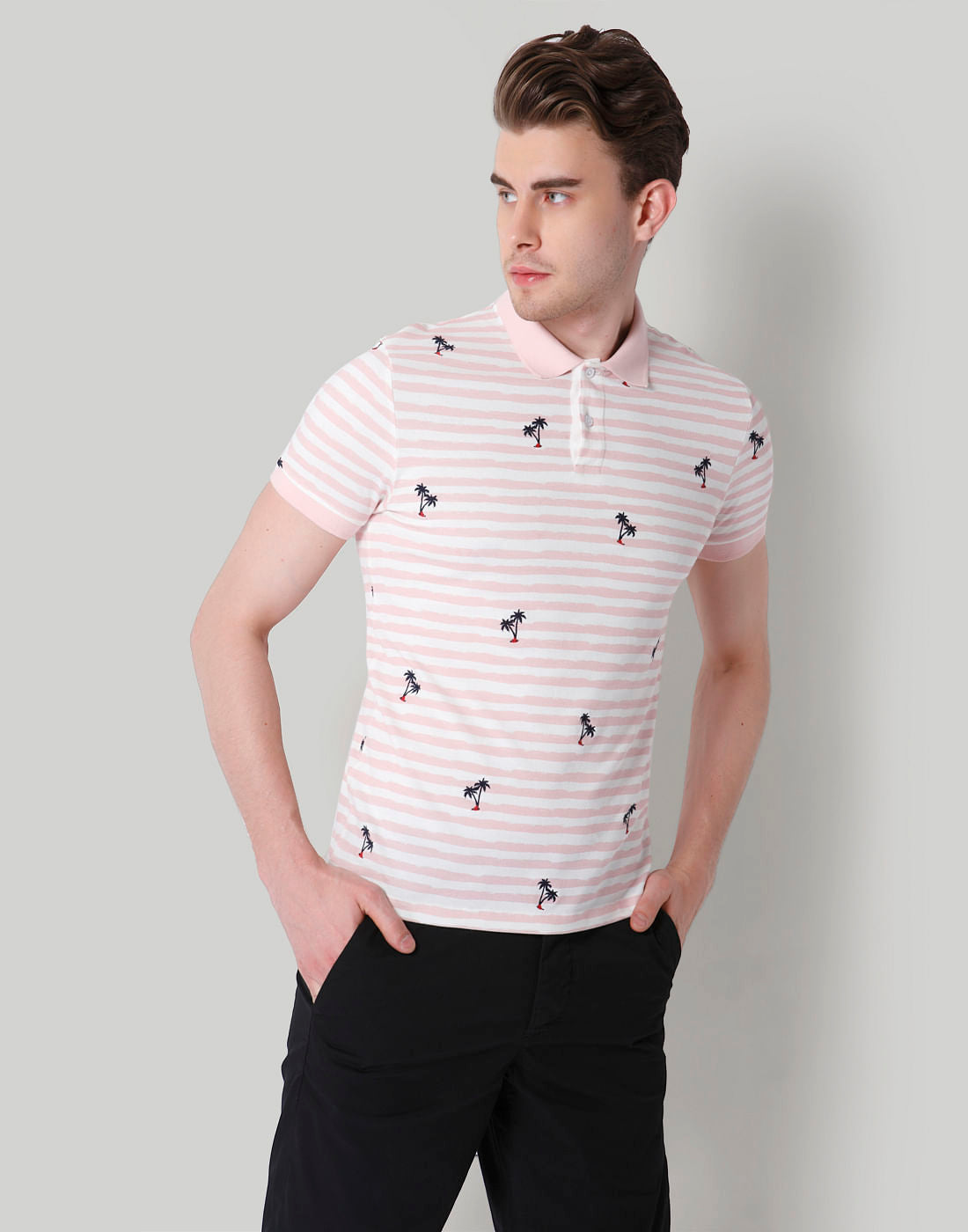 Pink Striped Palm Print Polo T-Shirt