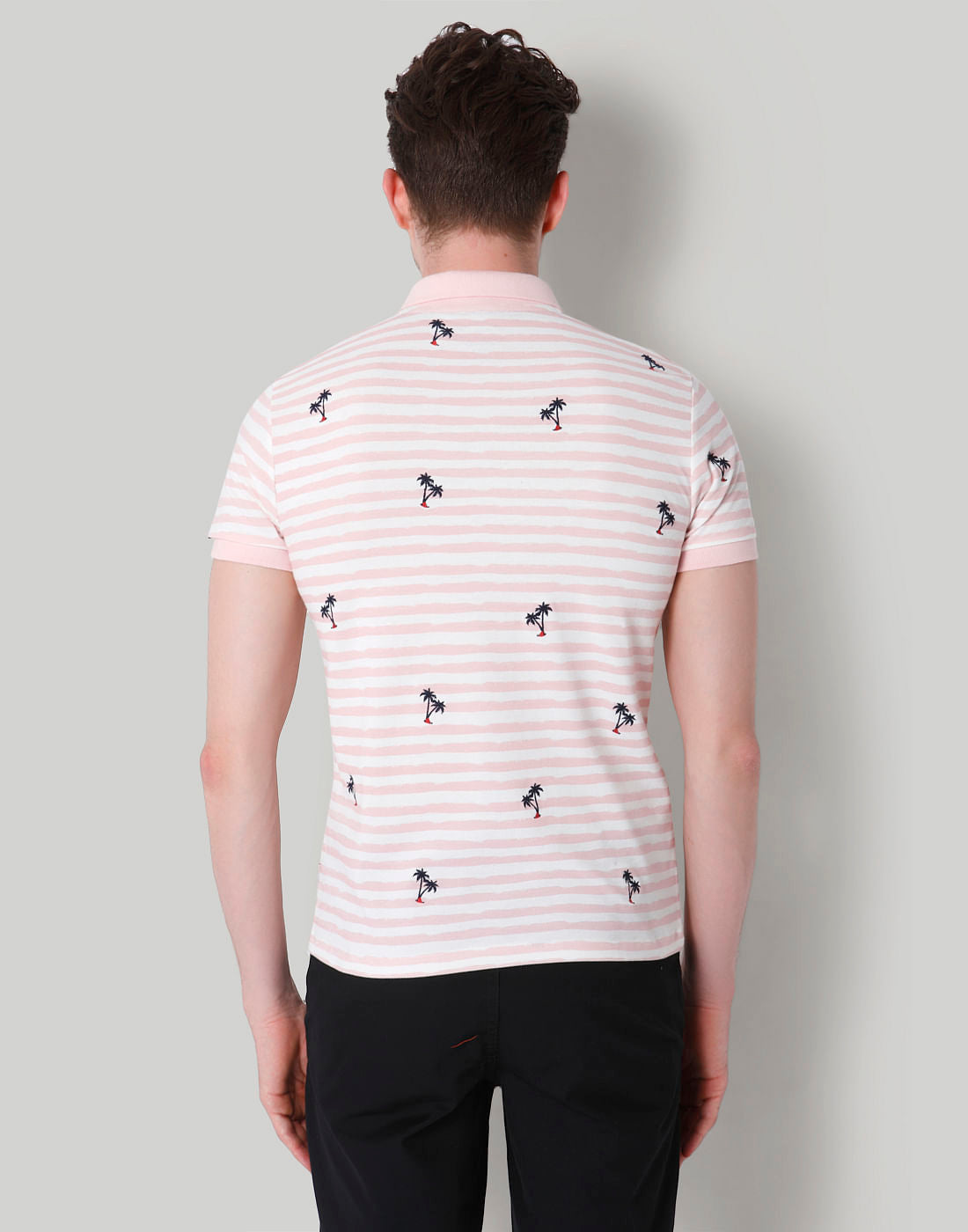 Pink Striped Palm Print Polo T-Shirt