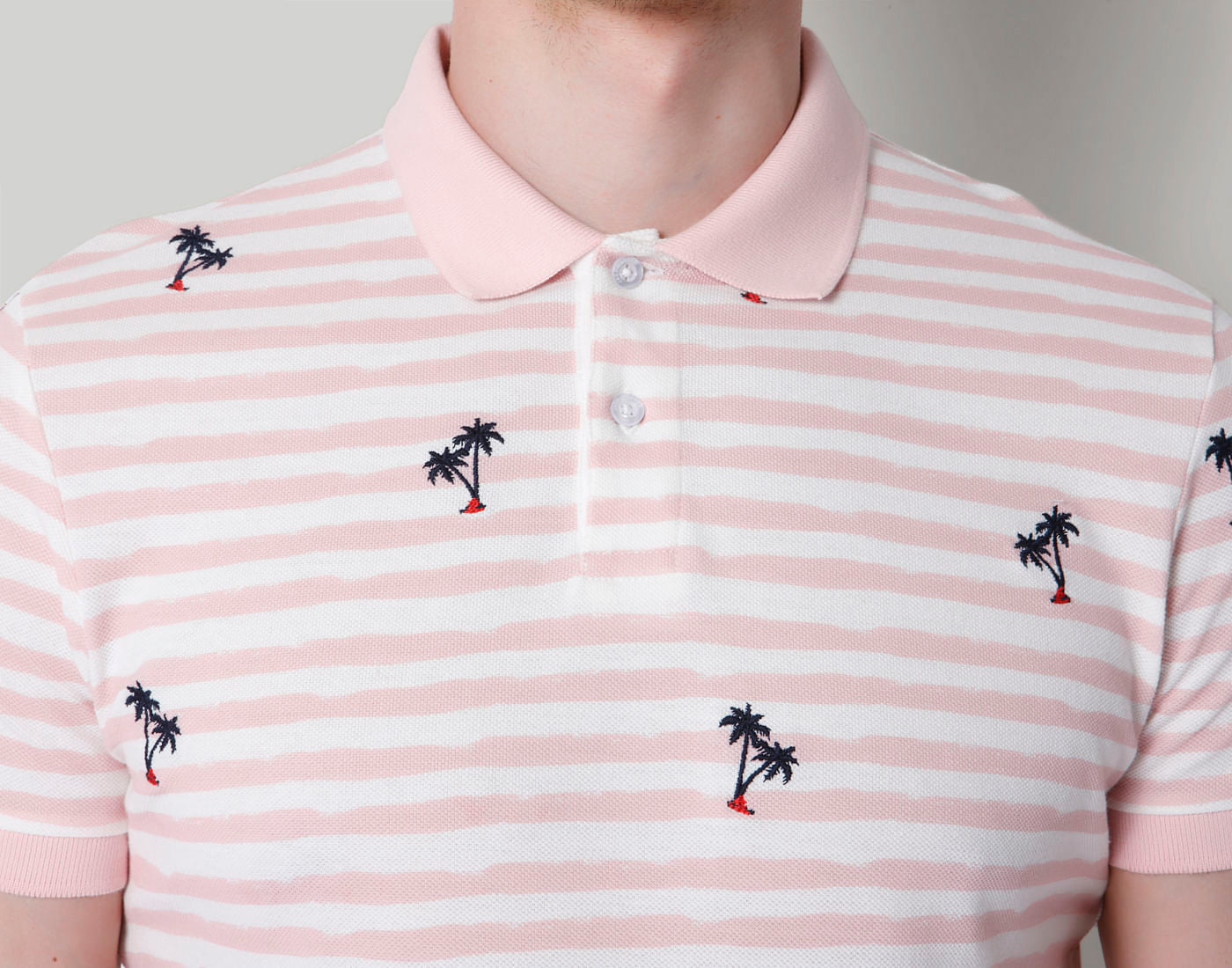 Pink Striped Palm Print Polo T-Shirt