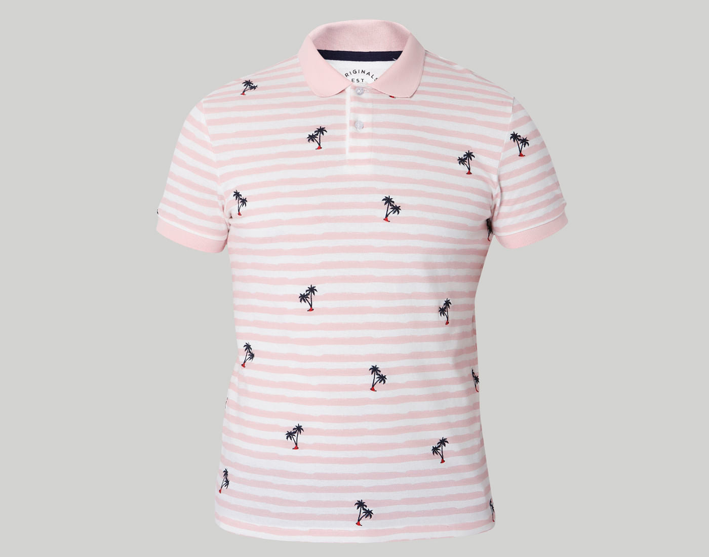 Pink Striped Palm Print Polo T-Shirt