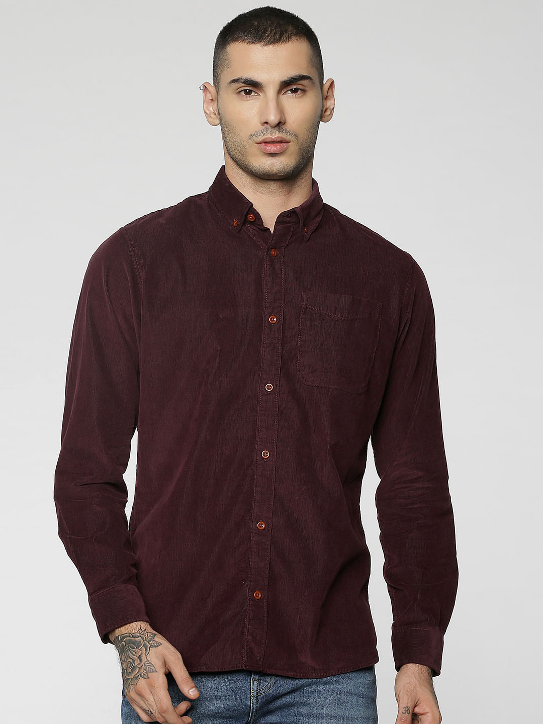 Maroon One Pocket Corduroy Full Sleeves Shirt - S