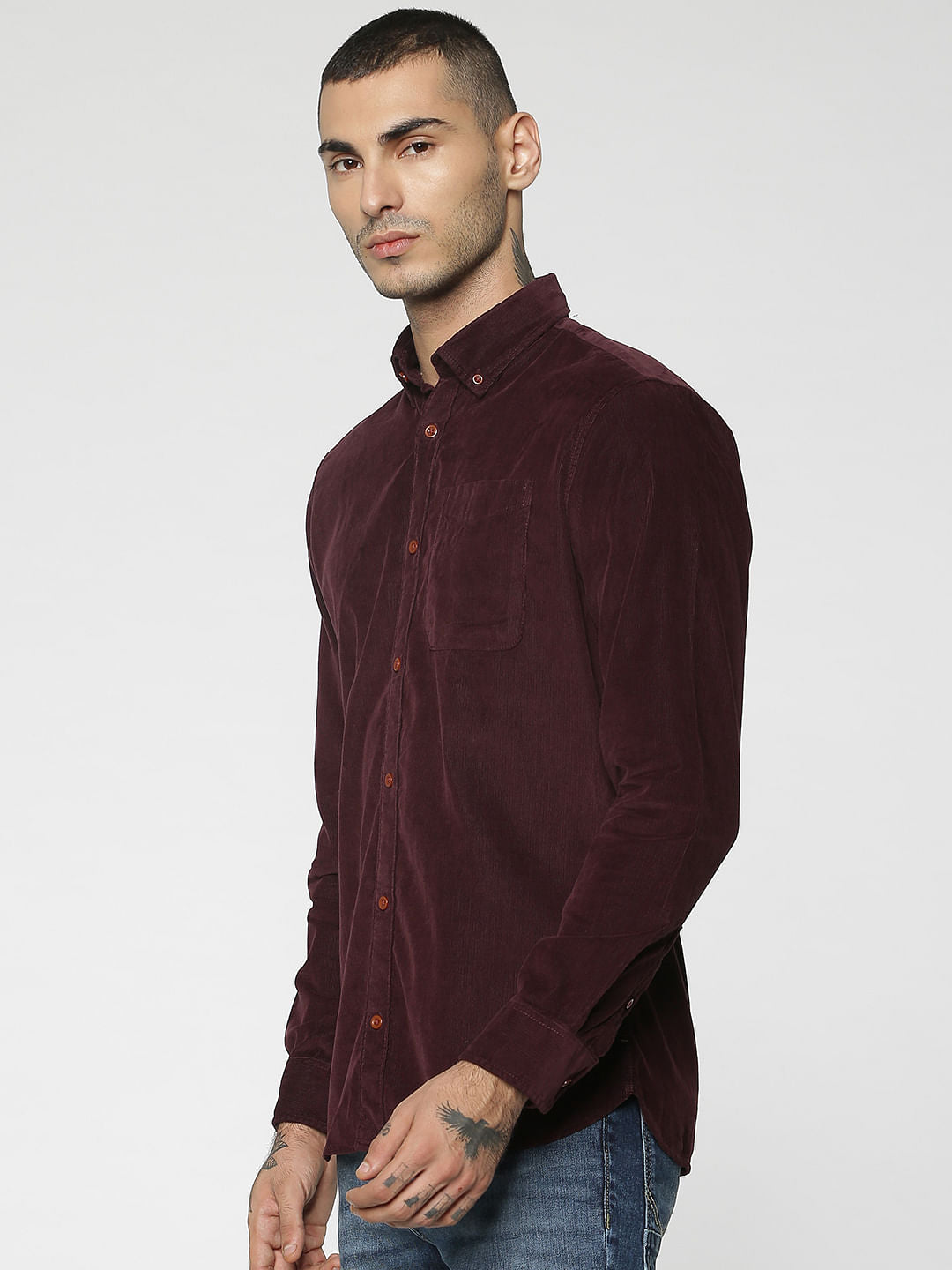 Maroon One Pocket Corduroy Full Sleeves Shirt