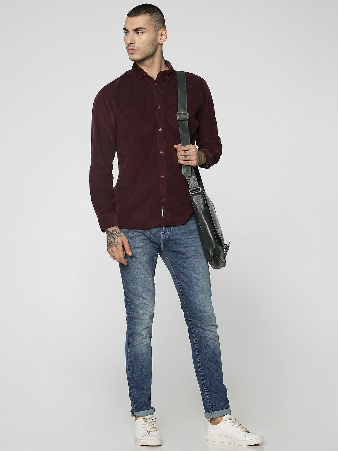 Maroon One Pocket Corduroy Full Sleeves Shirt