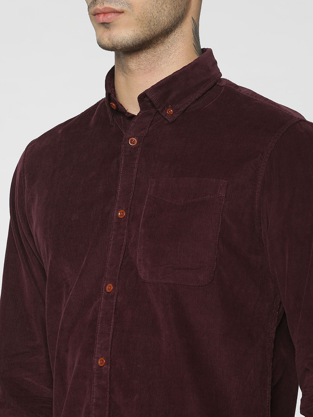 Maroon One Pocket Corduroy Full Sleeves Shirt