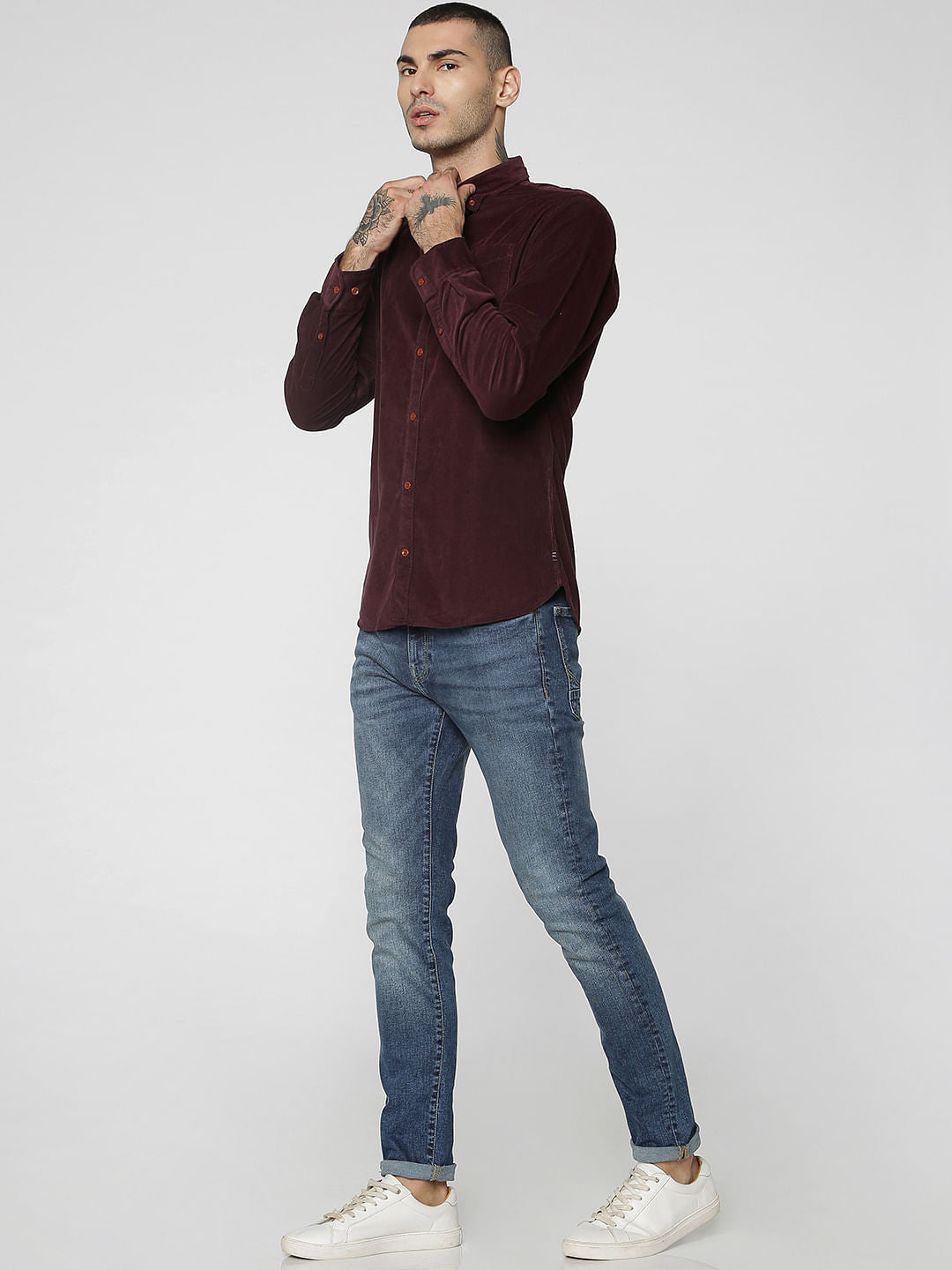 Maroon One Pocket Corduroy Full Sleeves Shirt