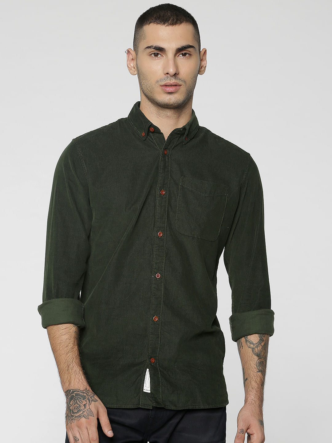 Olive Green One Pocket Corduroy Full Sleeves Shirt - S