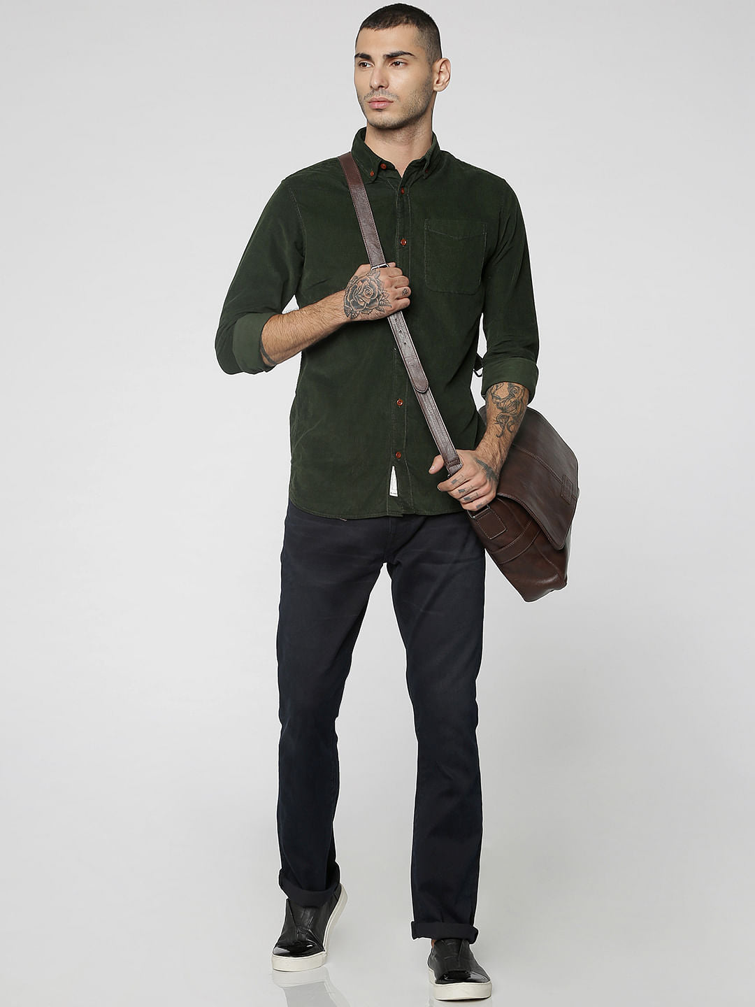Olive Green One Pocket Corduroy Full Sleeves Shirt