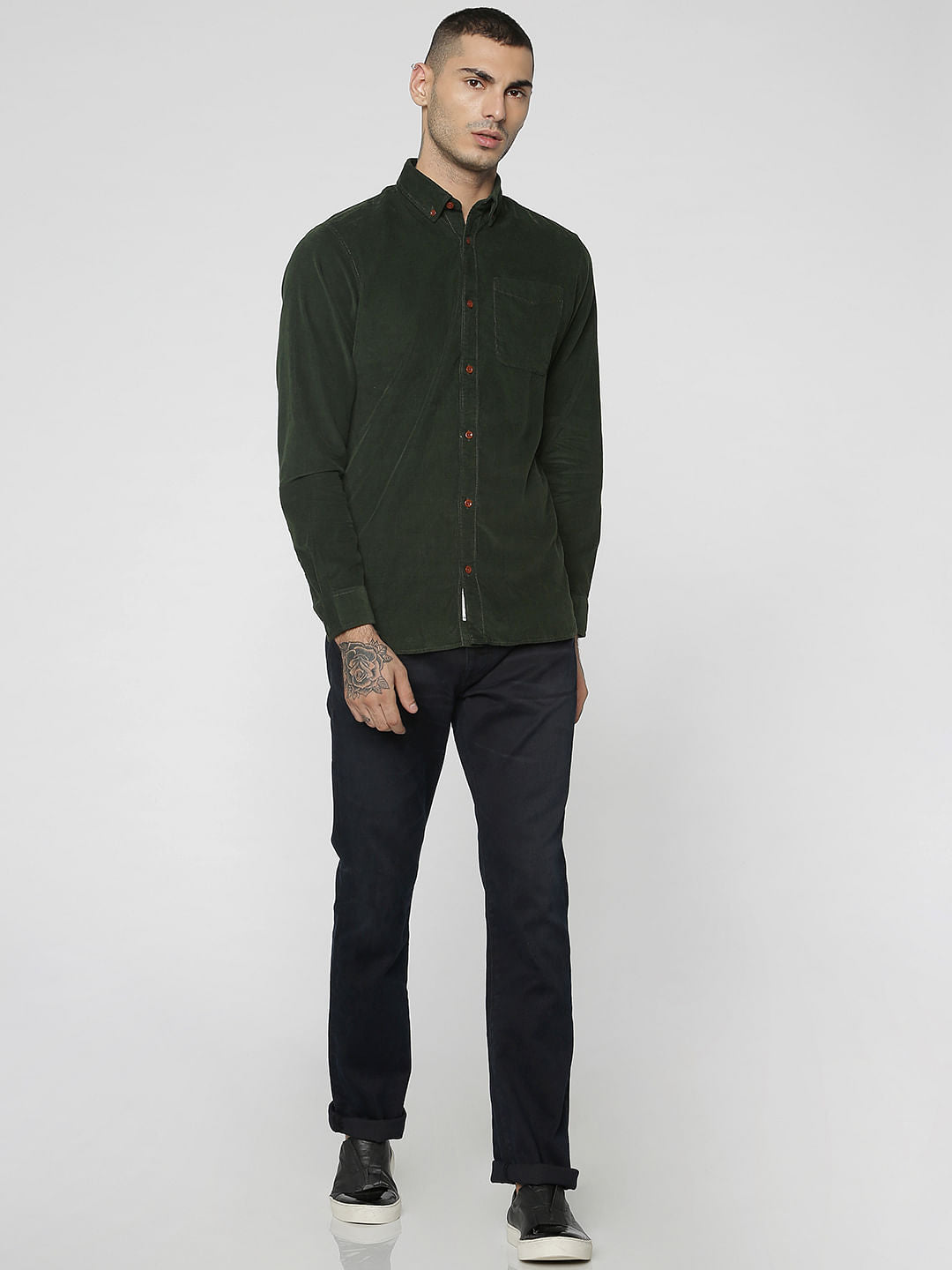 Olive Green One Pocket Corduroy Full Sleeves Shirt
