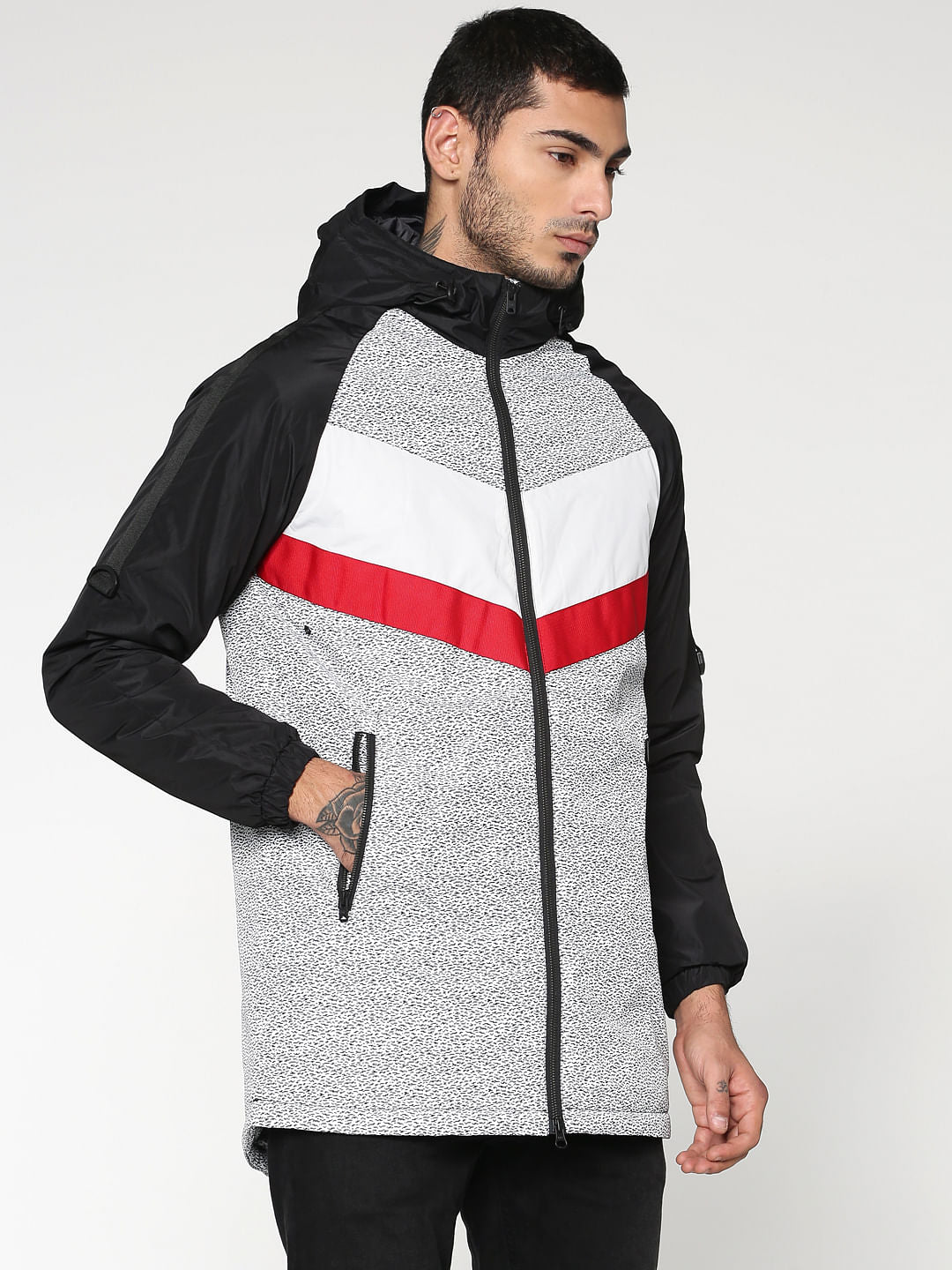 Black Colour Blocked Hooded Zip Up Casual Jacket