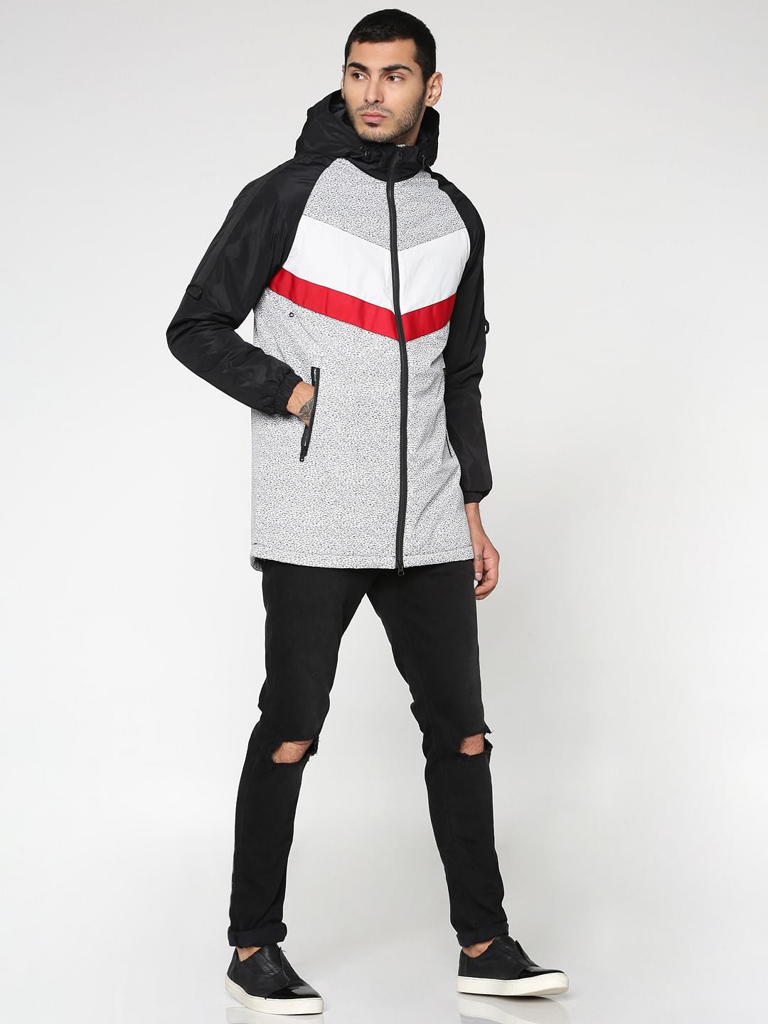 Black Colour Blocked Hooded Zip Up Casual Jacket