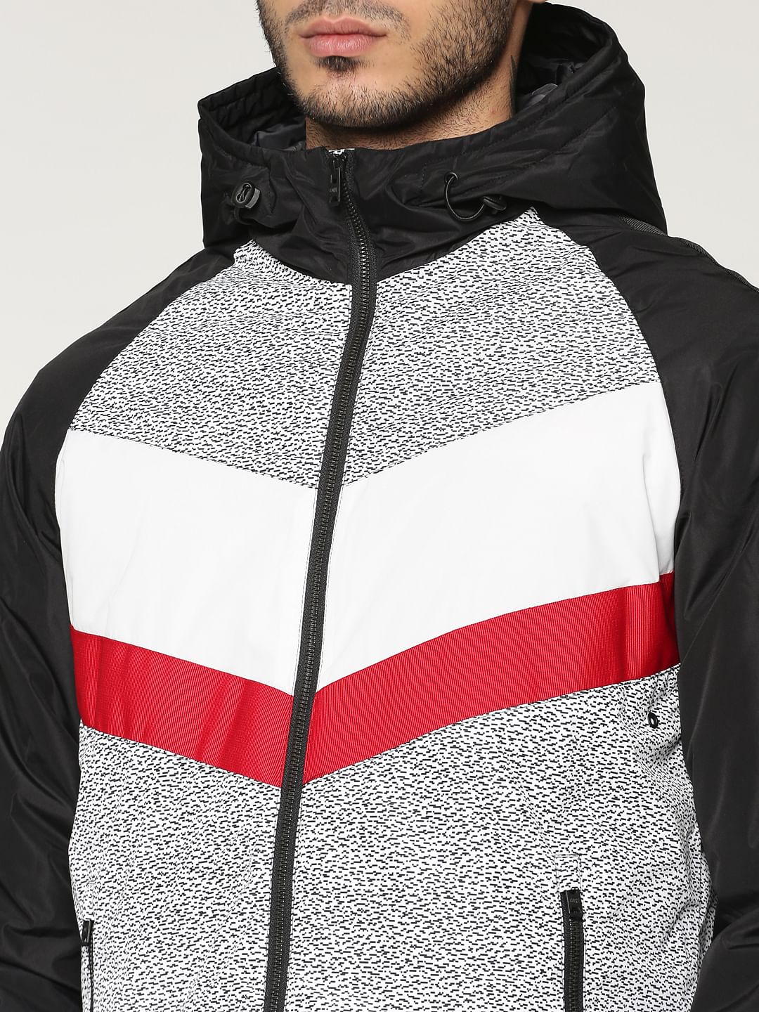 Black Colour Blocked Hooded Zip Up Casual Jacket