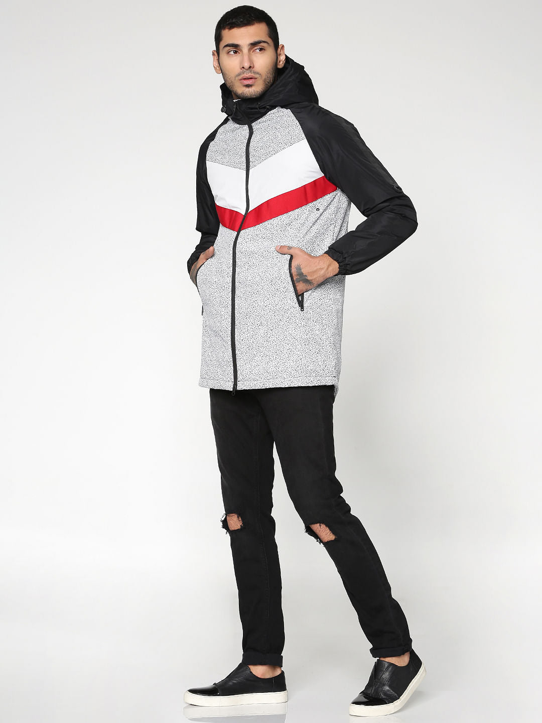 Black Colour Blocked Hooded Zip Up Casual Jacket