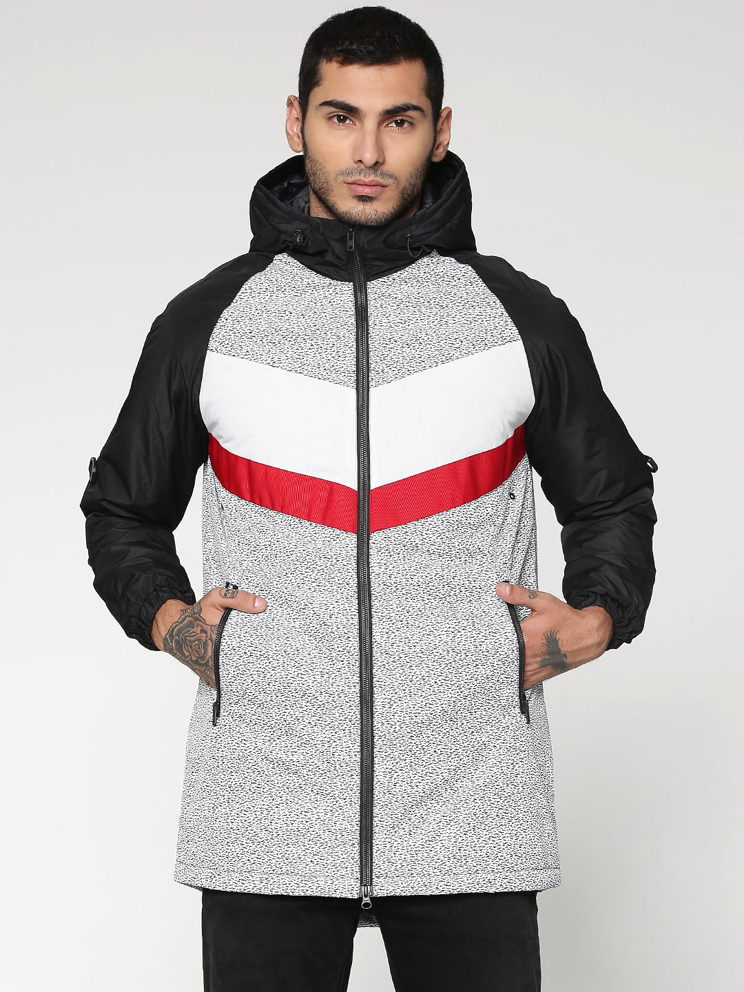 Black Colour Blocked Hooded Zip Up Casual Jacket
