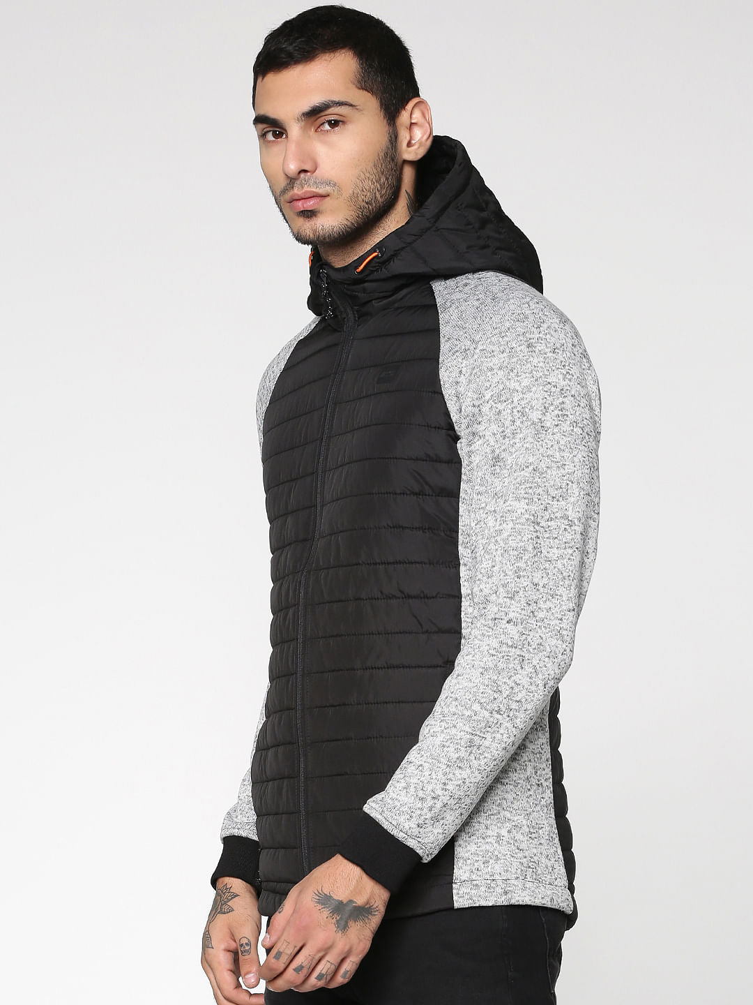 Light Grey Colour Blocked Hooded Bomber Jacket
