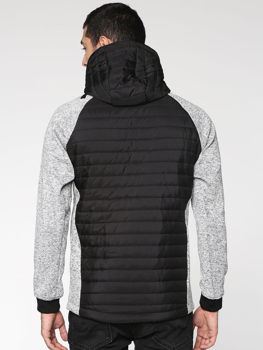 Light Grey Colour Blocked Hooded Bomber Jacket