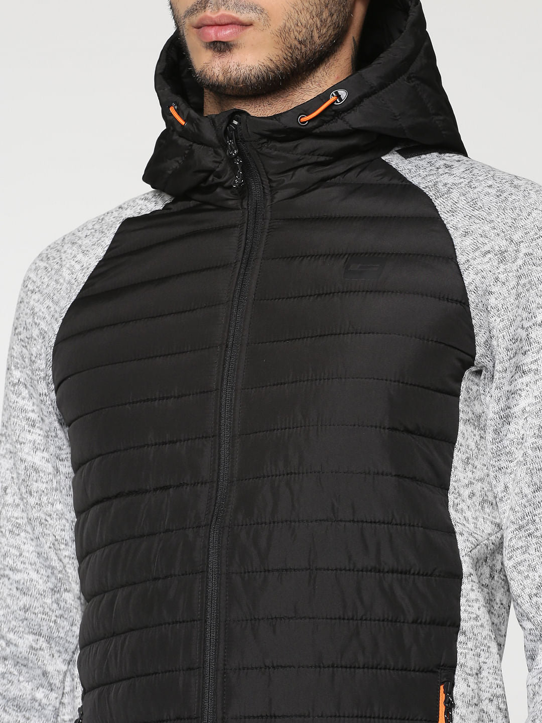 Light Grey Colour Blocked Hooded Bomber Jacket