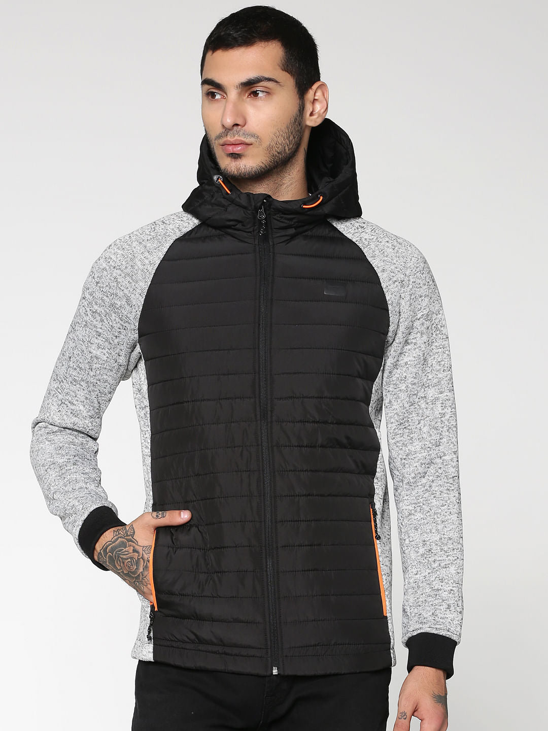 Light Grey Colour Blocked Hooded Bomber Jacket