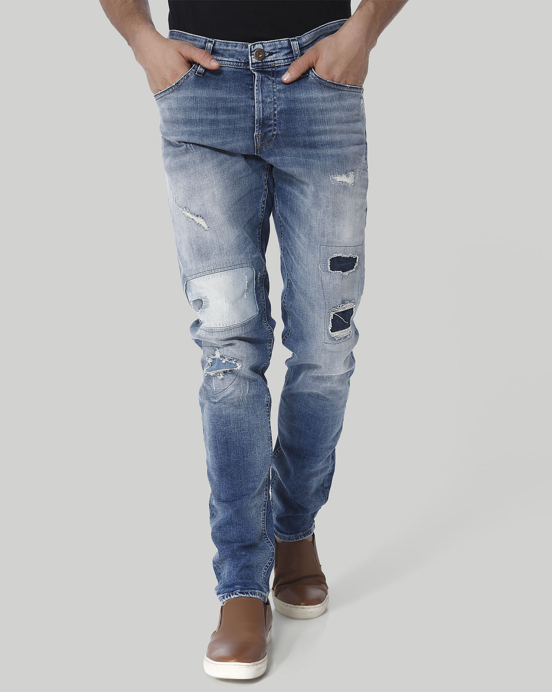 Light Blue Distressed Low Rise Slim Fit Jeans - 28/32