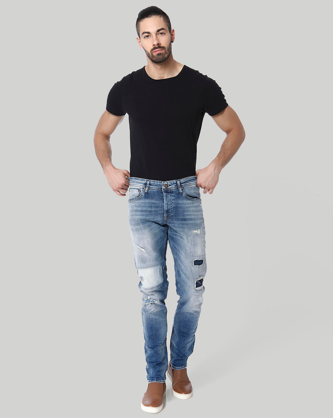 Light Blue Distressed Low Rise Slim Fit Jeans