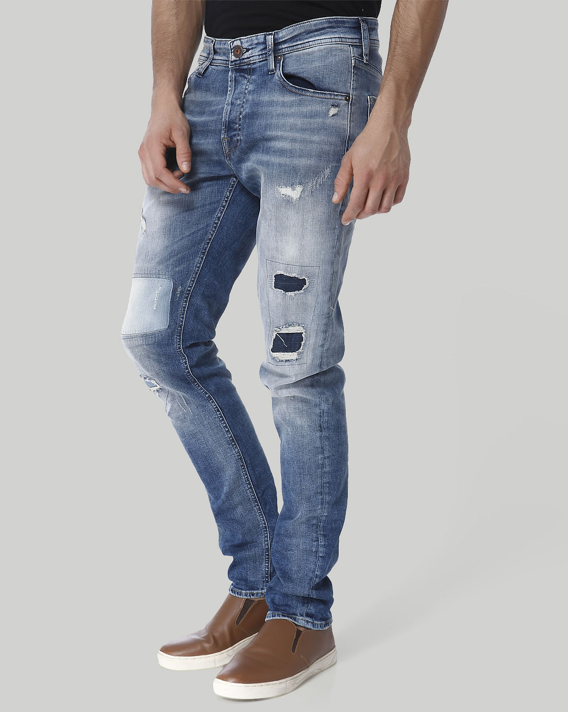 Light Blue Distressed Low Rise Slim Fit Jeans