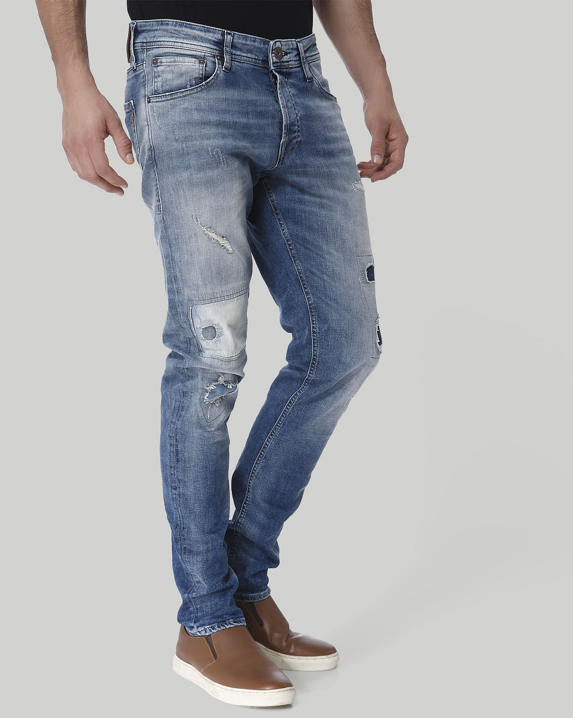 Light Blue Distressed Low Rise Slim Fit Jeans