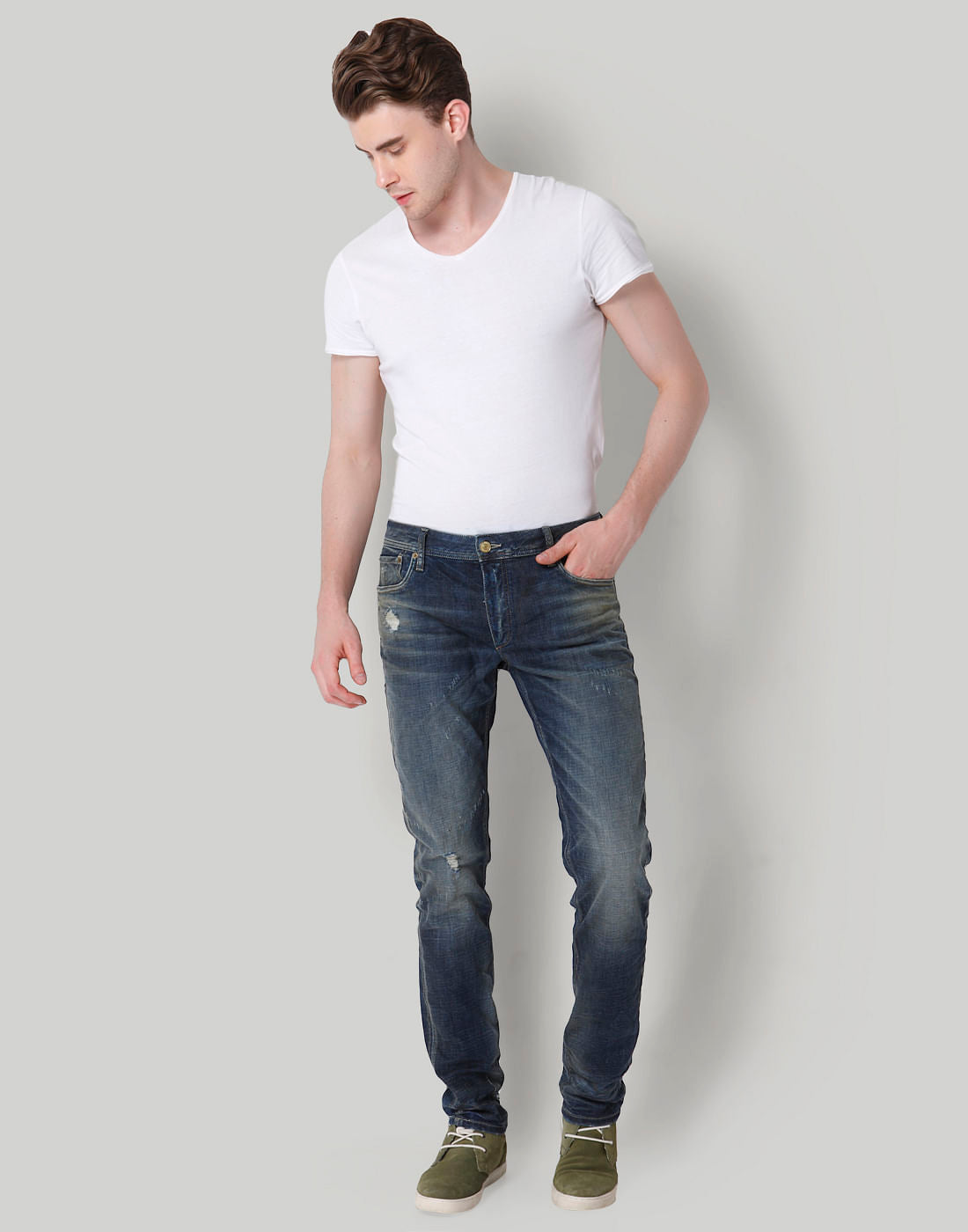 Blue Distressed Low Rise Slim Fit Jeans